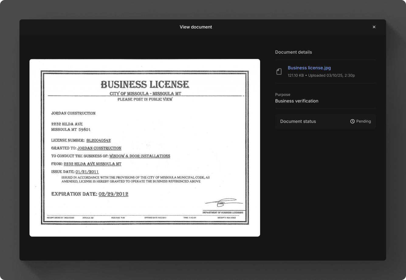Uploaded document in Moov Dashboard
