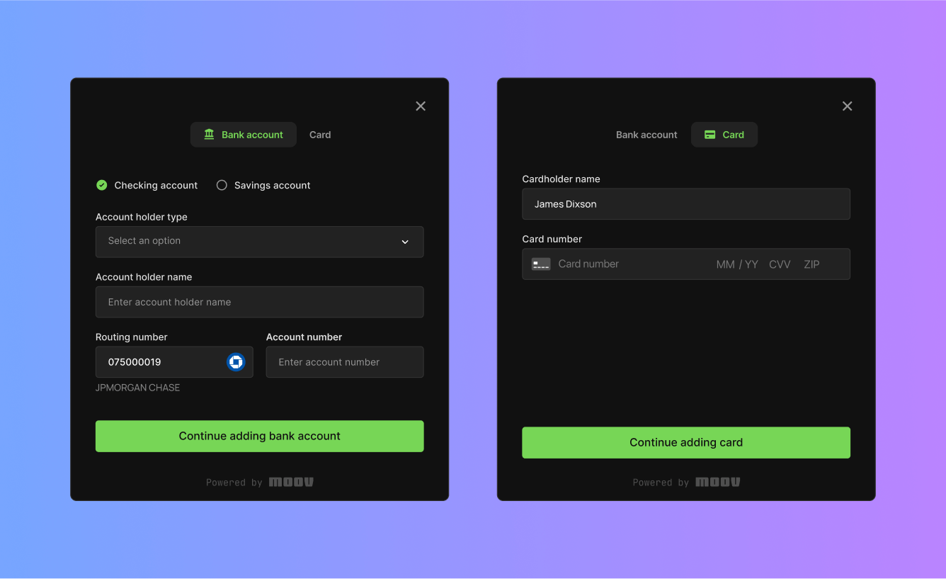 Set up payment methods modal in Moov drop